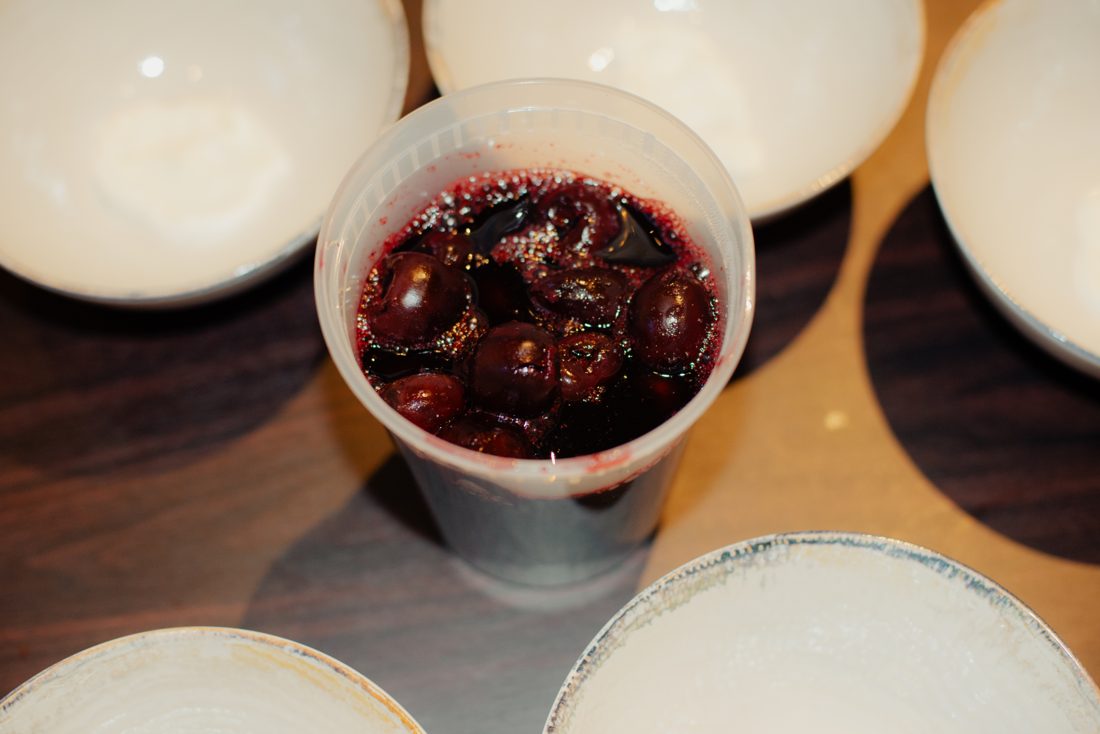 Cherries in rioja syrup in bowls