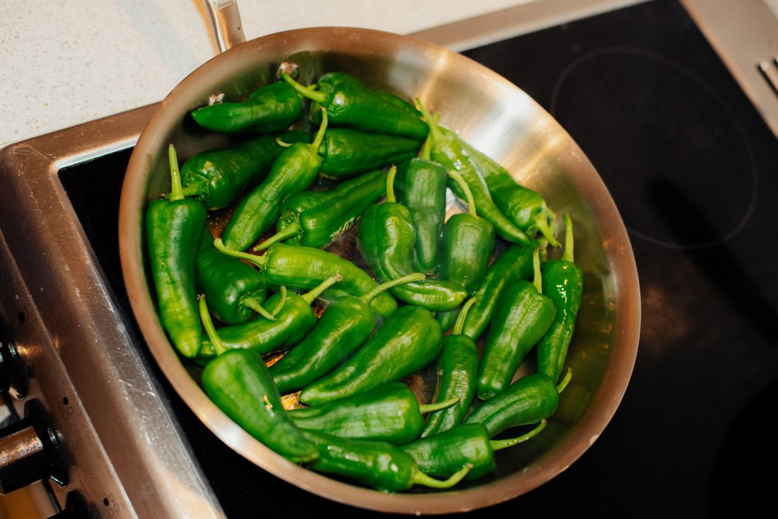 Padron peppers in the pan